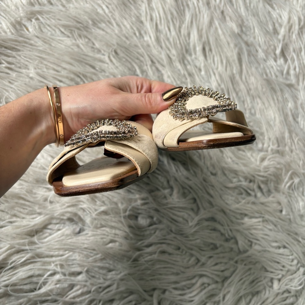 Alexandre Birman Cream Leather Crystal Round Buckle Slide Sandals - Picture 8 of 12